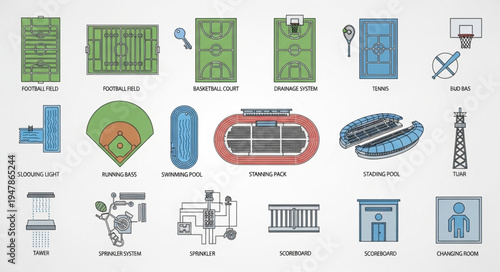 Collection of Sports Field and Court Illustrations for Various Games.