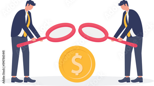 Two Business Experts Auditing and Inspecting Financial Records with Magnifying Glasses and Coin