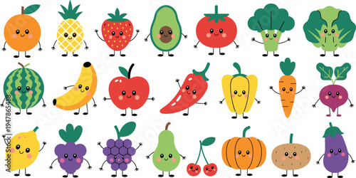 Cute Kawaii Fruits and Vegetables Set with Happy Faces Vector Illustration for Healthy Food Concept and Kids Design
