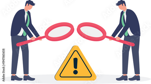 Business Team Investigating Risks and Problems with Large Magnifying Glasses over Warnings