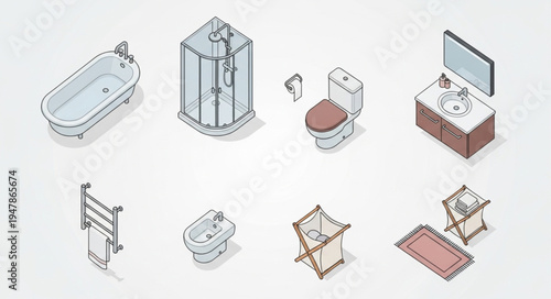 Isometric Bathroom Fixtures and Accessories Illustration.