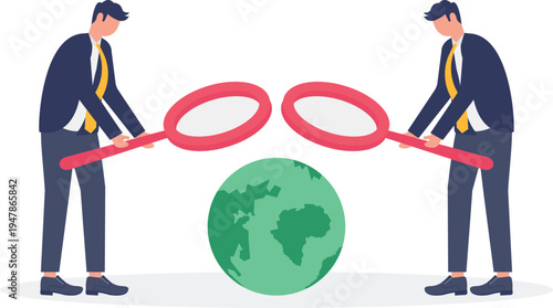 Team Inspecting Global Trade Trends and International Market using Magnifying Glasses over Globe