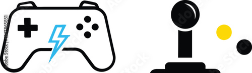 Gamepad with lightning bolt and classic joystick controller icons for gaming hobby