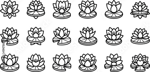 Black and white line of lotus flowers on water lily line black and white