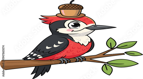 Woodpecker Bird Perched on Tree Branch with Acorn on Its Head, Nature Illustration