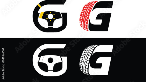 Letter G with racing wheel and tire symbol for automotive gaming