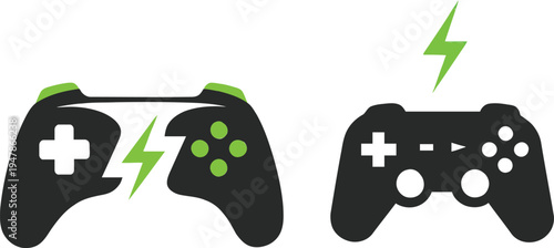 Two video game controllers with lightning bolt symbols, isolated on transparent background
