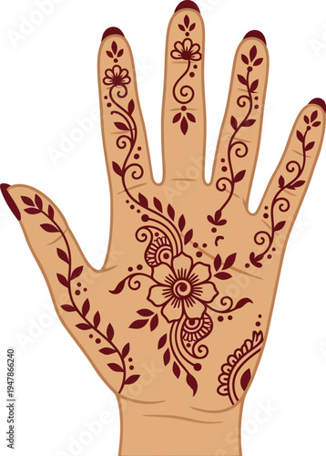 Woman's hand with henna tattoo elegant floral vine pattern applied for cultural ceremonies and fashion accessory
