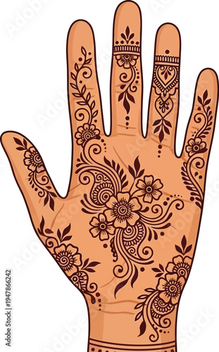 Detailed henna mehndi art on open palm with elaborate floral patterns perfect for cultural events and beauty adornment