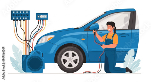 Woman charging electric blue car.