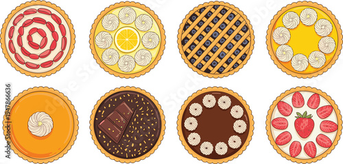 Top view collection of delicious fruit tarts and sweet pies vector illustration with strawberry chocolate lemon and blueberry toppings isolated.