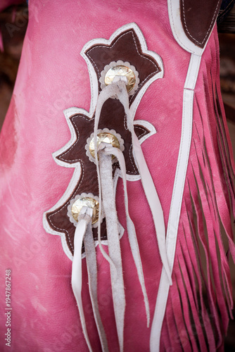 Truth or Consequences, New Mexico, USA.  Small town rodeo. Girls pink leather chaps with silver conches