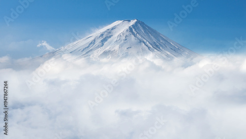 Closeup of snowcap on Mount Fuji and mist in the morning, Kawaguchiko, Japan