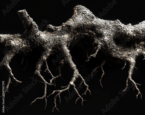 Gnarled exposed tree root with branching fine rootlets and clinging soil, textured and weathered, lit dramatically against a black background, evoking an eerie mysterious mood