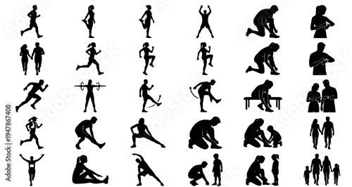 Jogging and Morning Exercise Silhouette Set Pack. Editable Vector Illustration. featuring fitness, exercise, workout, stretching, running, jogging, training, activity, health, wellness, active more.