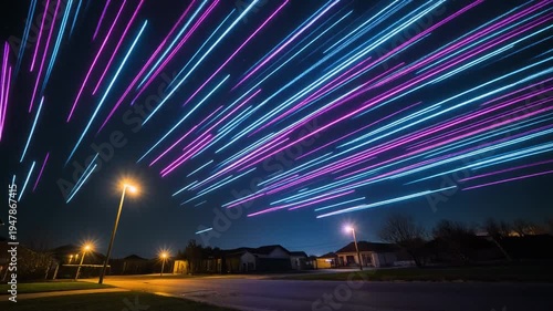 Night Sky Light Trails Cityscape View.