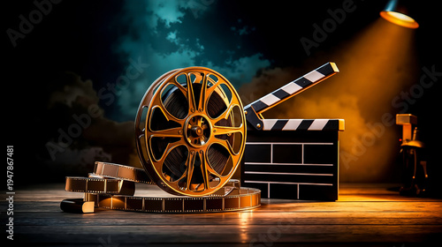 A clapper board film reel and film strip on a wooden table