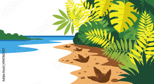 Dinosaur Footprints on Sandy Beach With Lush Tropical Jungle and Ocean