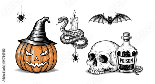 Halloween Icons: Pumpkin, Skull, Bat, Snake, Candle, Poison Bottle & Spiders