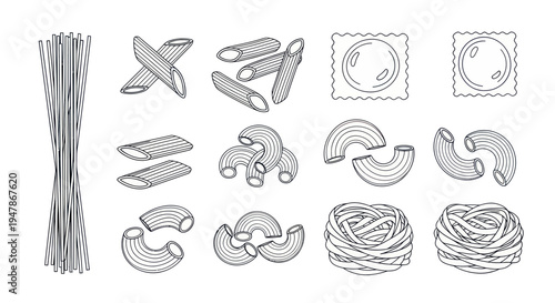 Hand-Drawn Pasta Variety Collection: Spaghetti, Penne, Macaroni, Ravioli, Fettuccine