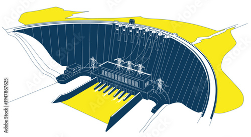 Hydroelectric Power Dam Structure with Turbines and Water Flow