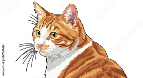 Orange Tabby Cat Portrait, White Background, Realistic Illustration