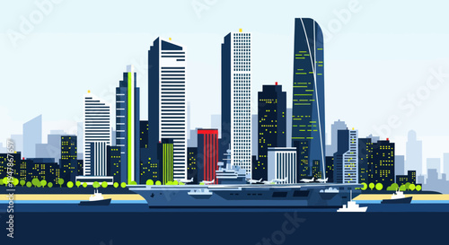 Modern Aircraft Carrier in Futuristic City Skyline with Ships