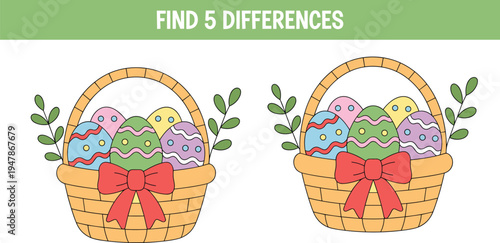 Find five differences educational game for children with cute Easter basket full of colorful eggs vector illustration isolated on white background for preschool learning.