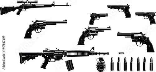 Set of gun vector illustrations featuring black military rifle and pistol silhouettes isolated on white including sniper firearm and automatic machine handgun designs for army or shooting sport graphi