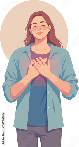 persona uomo o donna con mano sul cuore emozione preoccupazione sentimento illustrazione vettoriale	
