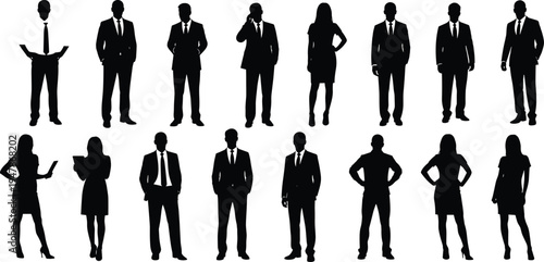 Vector illustration of a business team featuring black silhouettes of a businessman in a suit and a businesswoman standing with a crowd of people to represent success and teamwork