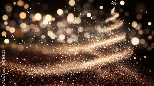 Christmas tree silhouette made of gold sparkles and blurred lights against dark background. Abstract festive greeting card design for winter holiday celebration and magical eve season.