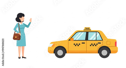 Woman Hailing Yellow Taxi Cab.