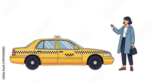Woman Hailing Yellow Taxi Cab.