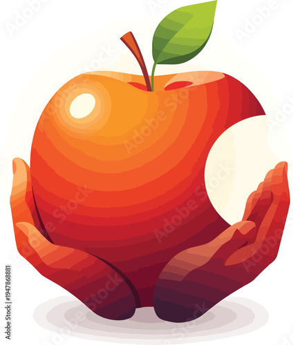 Hands holding shiny red apple with green leaf and bite mark, symbolizing nourishment, care, temptation, and knowledge concept