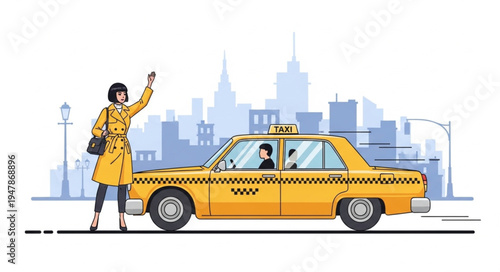 Woman Hailing Yellow Taxi Cab.
