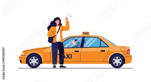 Woman Hailing Yellow Taxi Cab.