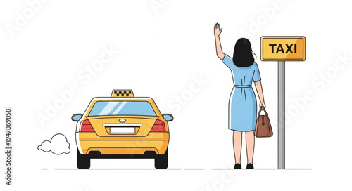 Woman Hailing Yellow Taxi Cab.