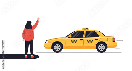 Woman hailing yellow taxi cab.