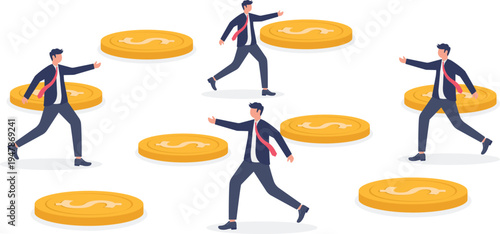 Professional Business Team Stepping Over Gold Coins for Financial Wealth Growth