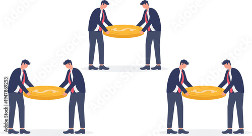 Small Business Teams Collaborating and Carrying Large Golden Coins Together