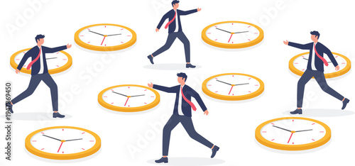 Business Team Jumping Across Time Clocks for Efficient Deadline Management