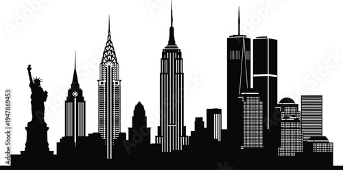 A black silhouette vector illustration of the iconic New York City skyline featuring urban skyscrapers and landmark architecture from the downtown business district of this famous USA city