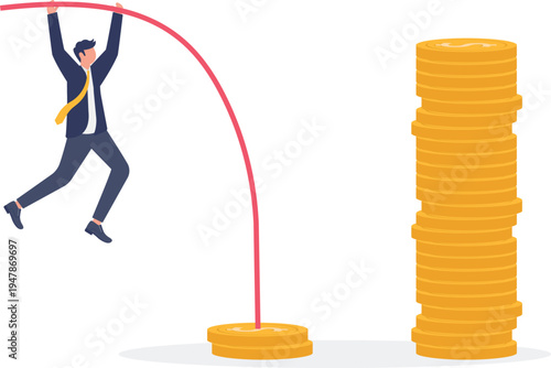 Ambitious Businessman Using Pole Vault to Jump Over High Coin Stack
