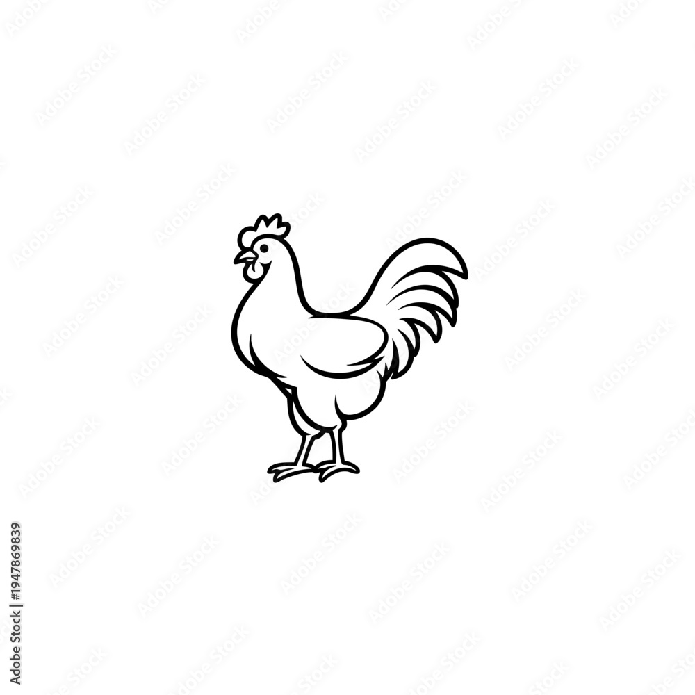Fototapeta premium Simple black and white line art drawing of a proud rooster standing sideways in profile view