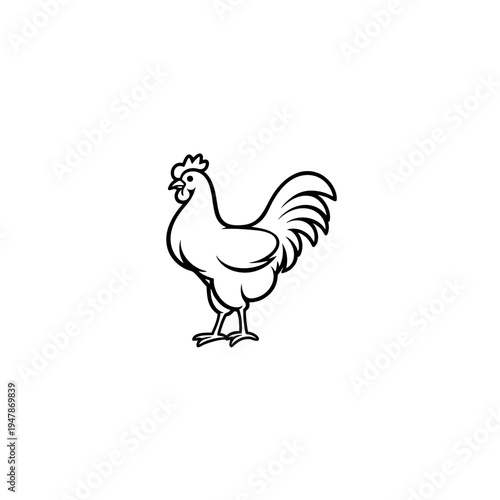 Simple black and white line art drawing of a proud rooster standing sideways in profile view