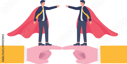 Powerful Super Businessmen Supported by Giant Hands for Teamwork Collaboration