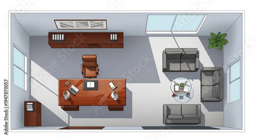 Executive Office Interior Design with Desk and Seating Area.