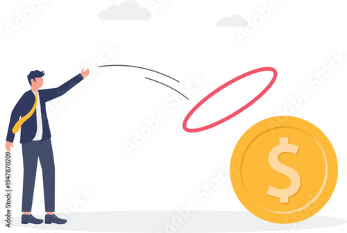 Strategic Businessman Throwing a Lasso to Catch and Secure Financial Wealth