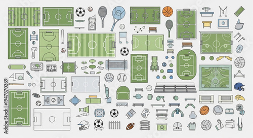 Diverse Collection of Sports Field Layouts and Equipment Illustrations.